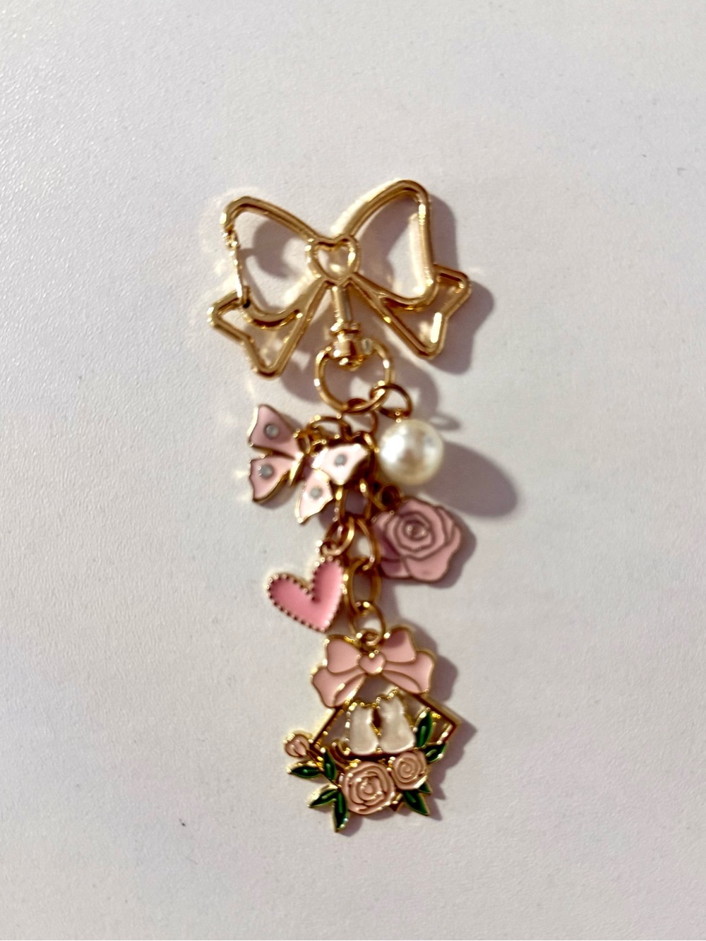 Gold and Pink Floral Bow Dangle Charm - Women Jewelry